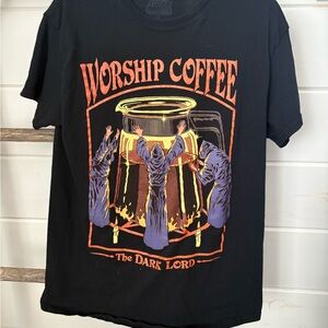 Steven Rhodes Black Graphic Tee with 'Worship Coffee' Design Size Medium Unisex